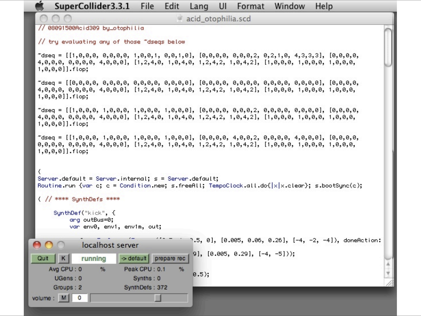 SuperColliderの画面の様子